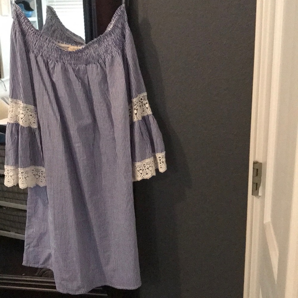 Blue and White Stripped Off The Shoulder Dress